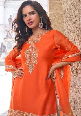 Orange Embroidered Chinon Sharara Set