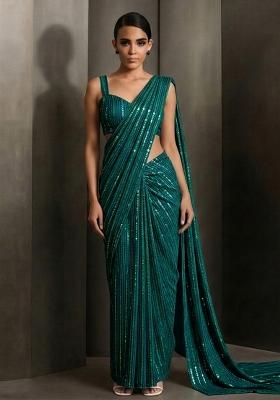 Green Glitter Pre Draped Saree Set for Diwali and Festive Wear