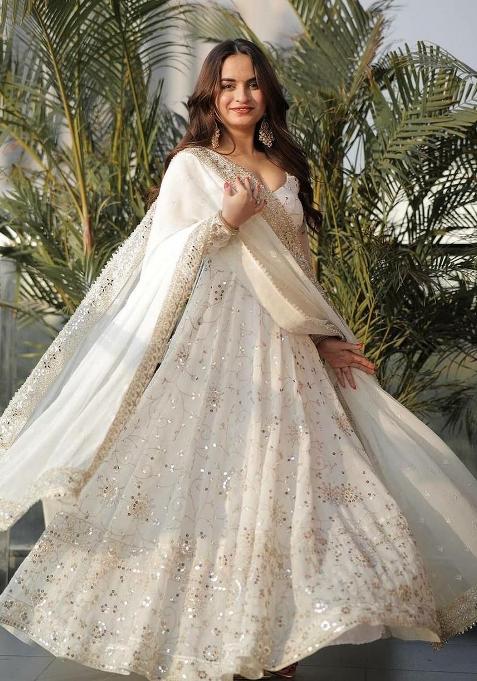 White Embroidered Georgette Anarkali Set