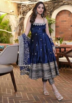 Navy Blue Embroidered Vichitra Anarkali Set