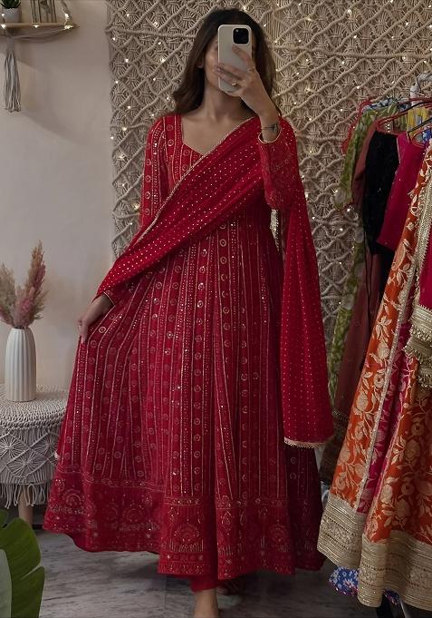 Red Embroidered Blended Anarkali Set