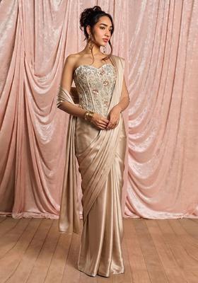 Soft Beige Embroidered Georgette Corset Blouse Pre Draped Saree Set
