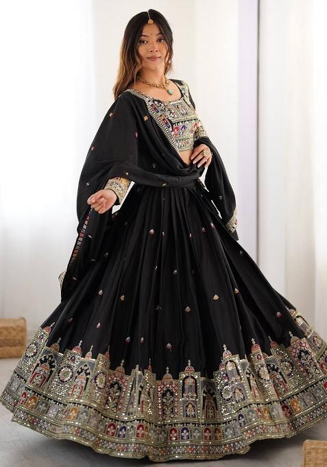 Black With Dupatta Silk Blend Lehenga Set with Embroidered for Diwali | Wedding & Festive Wear
