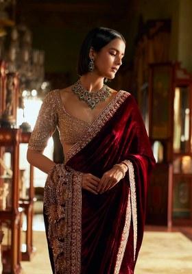 Maroon Work Velvet Saree Set with Sequin for Diwali | Wedding & Festive Wear