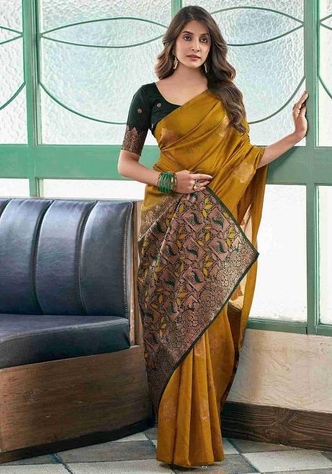 Mehandi Silk Blend Saree Set with Embroidery for Diwali | Wedding & Festive Wear