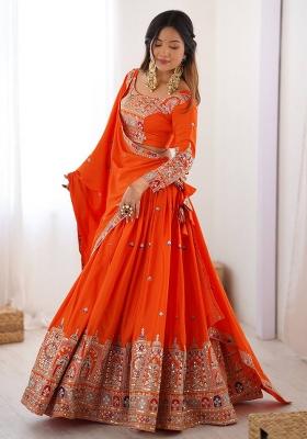 Orange With Dupatta Silk Blend Lehenga Set with Embroidered for Diwali | Wedding & Festive Wear