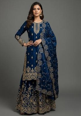 Blue Embroidered Silk Sharara Set