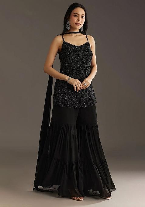 Black Embroidered Georgette Sharara Set