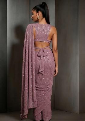 Pink Sequin Embellished Pre Draped Saree Set for Diwali and Festive Wear