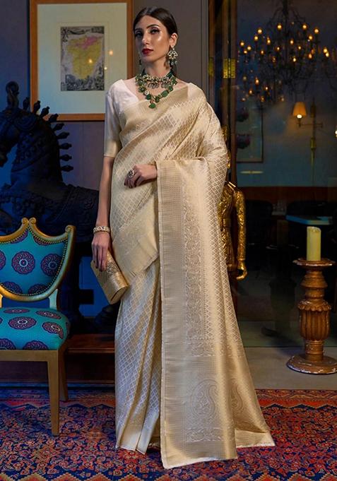 Cream Machine Lichi Silk Blend Saree Set with Embroidered for Diwali | Wedding & Festive Wear