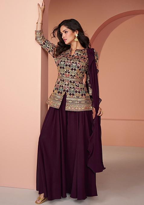 Wine Embroidered Georgette Sharara Set