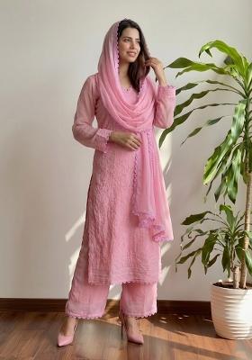 Pink Chikankari Embroidery Work Georgette Kurta Set