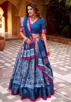 Blue Embroidered Silk Blend Chaniya Choli Set For Navratri And Garba for Diwali and Festive Wear
