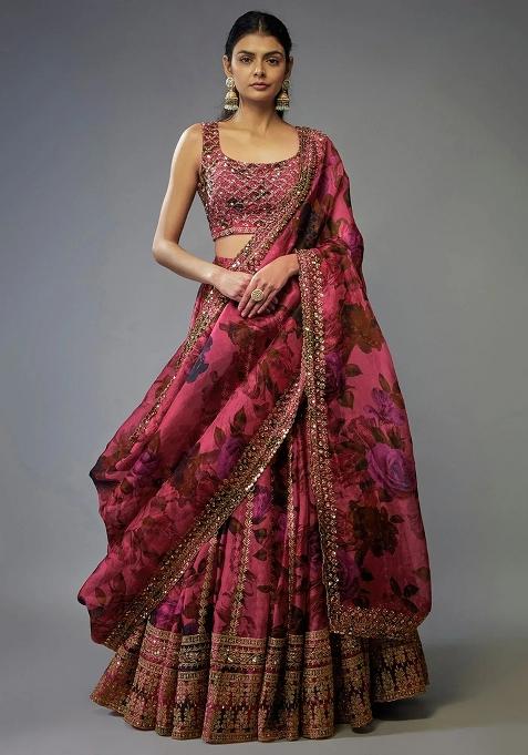 Pink Floral Print Organza Lehenga Set for Diwali and Festive Wear
