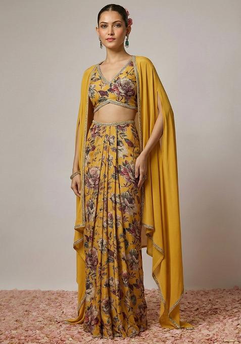 Yellow Silk Fusion Set with Floral Print for Diwali | Wedding & Festive Wear