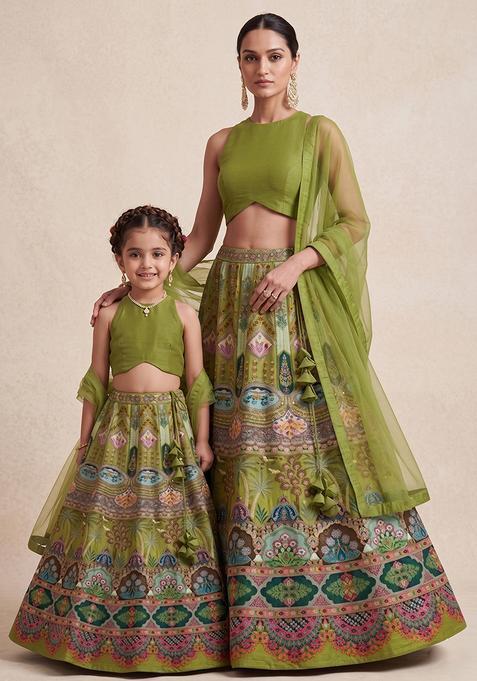 Royal Green Embroidered Crepe Mother Daughter Lehenga Set | Twin In Royal Style