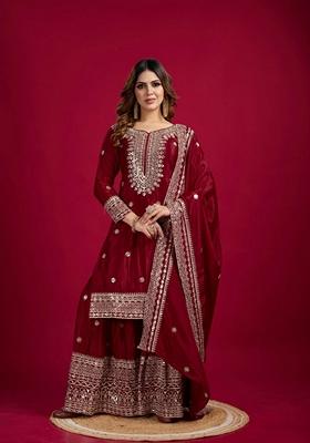 Maroon Embroidered Chanderi Sharara Set