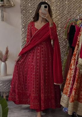 Red Embroidered Blended Anarkali Set