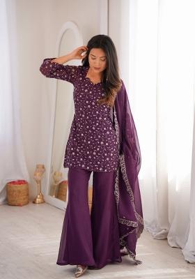Wine Zari Work Silk Sharara Suit