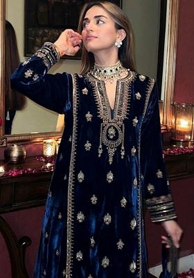 Blue Embroidered Velvet Pakistani Suit Set