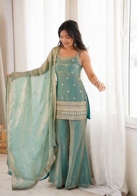 Sea Green Sequin Work Silk Sharara Suit