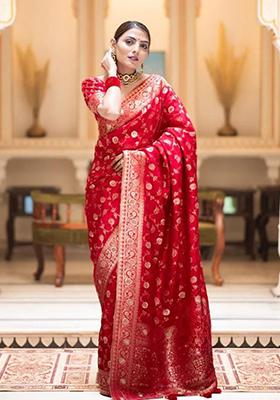 Red Banarasi Soft Silk Blend Saree Set for Diwali and Festive Wear