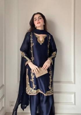 Navy Blue Embroidered Silk Blend Farshi Salwar