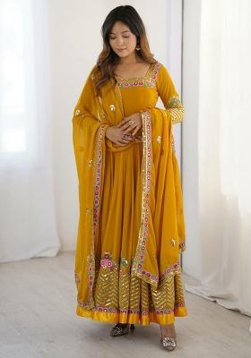 Yellow Embroidered Blended Anarkali Set