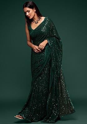 Deep Green Thread Georgette Saree Set with Embroidered & Sequin for Diwali | Wedding & Festive Wear