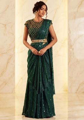 Bottle Green Embroidered Handwork Pre Draped Saree Set