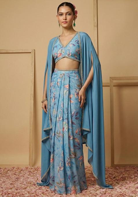 Blue Silk Fusion Set with Floral Print for Diwali | Wedding & Festive Wear