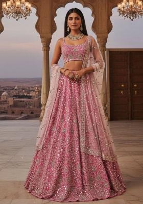 Pink Silk Blend Lehenga Set with Embroidered for Diwali | Wedding & Festive Wear