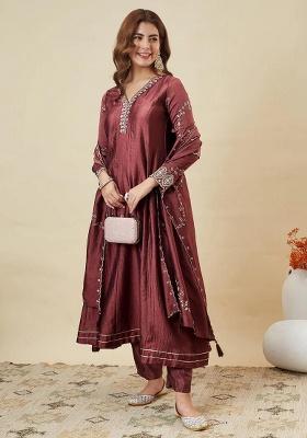 Maroon Embroidery Silk Blend Kurta Set