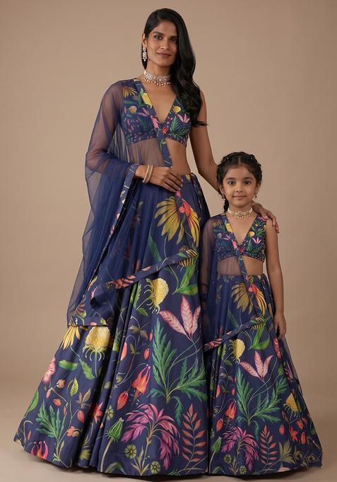 Royal Navy Blue Floral Print Satin Mother Daughter Lehenga Set | Twin In Royal Style