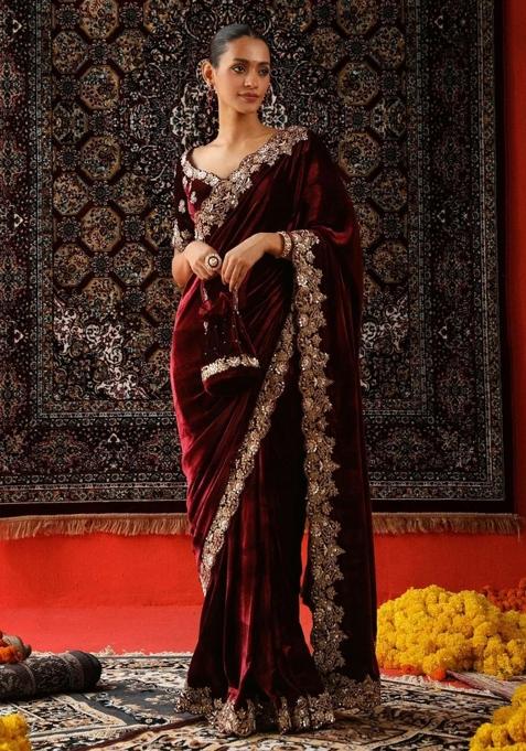 Maroon Embroidered Viscose Saree Set for Diwali and Festive Wear