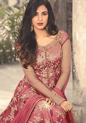 Dark Peach Embroidered Net Anarkali Set