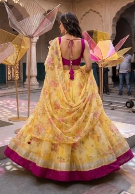 Yellow Printed Linen Lehenga Set for Diwali and Festive Wear