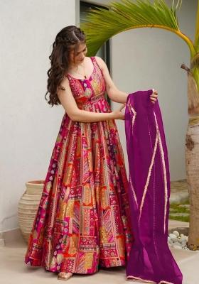 Multicolor Printed Silk Blend Anarkali With Dupatta