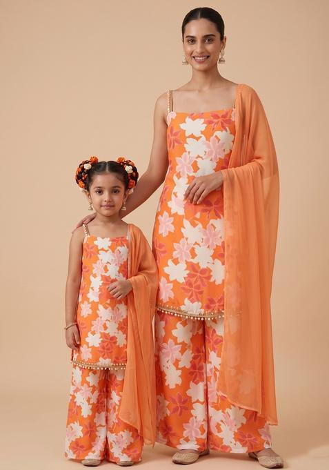 Effortless Orange Floral Print Silk Mother Daughter Kurta Set | Twin In Style