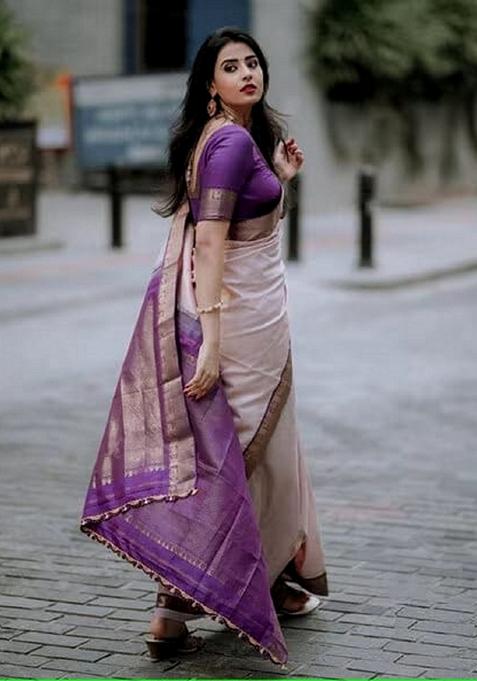 Purple Jacquard Banarasi Silk Blend Saree Set for Diwali and Festive Wear