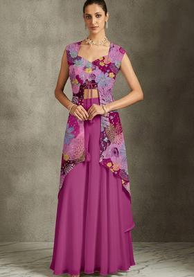 Pretty Magenta Purple Printed Crepe Mother Daughter Fusion Set | Twin In Charm