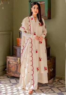 White Embroidered Cotton Pakistani Suit Set