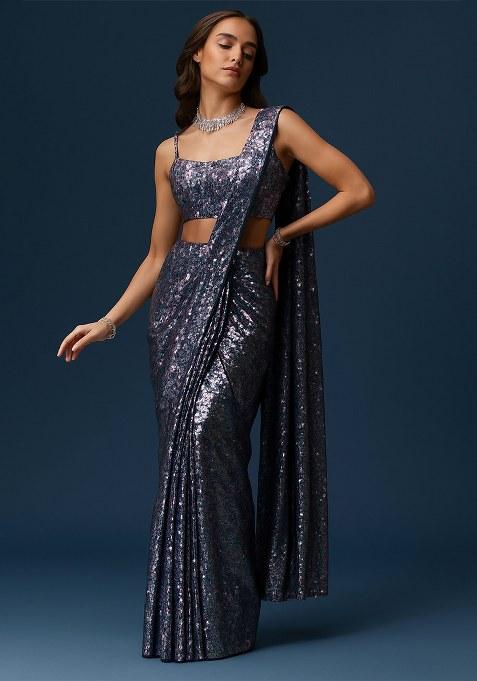 Deep Blue Sequin Net Pre Draped Saree Set for Diwali and Festive Wear