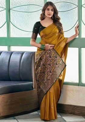Mehandi Silk Blend Saree Set with Embroidery for Diwali | Wedding & Festive Wear