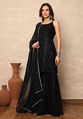 Black Embroidered Georgette Sharara Set