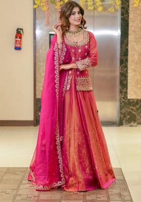 Pink Embroidered Silk Blend Lehenga Set