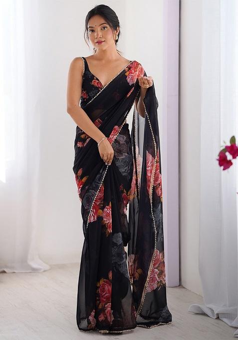Black Embroidery Silk Blend Saree Set for Diwali and Festive Wear