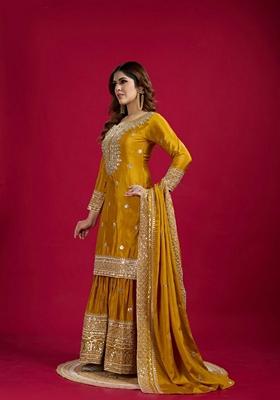 Mustard Yellow Embroidered Chanderi Sharara Set
