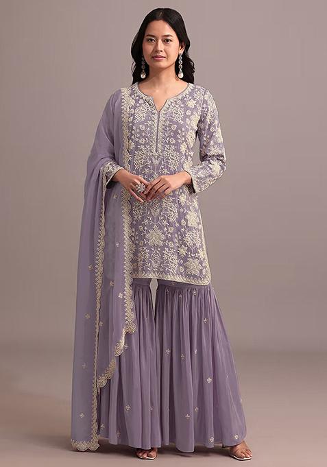Purple Embroidered Georgette Sharara Set