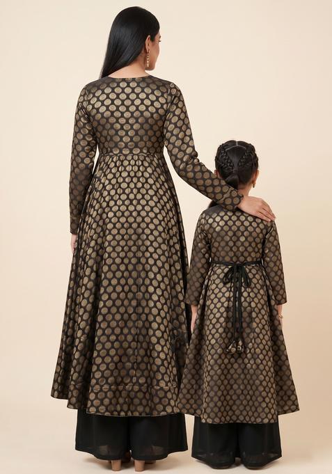 Graceful Black Brocade Mother Daughter Anarkali Set | Twin In Grace
